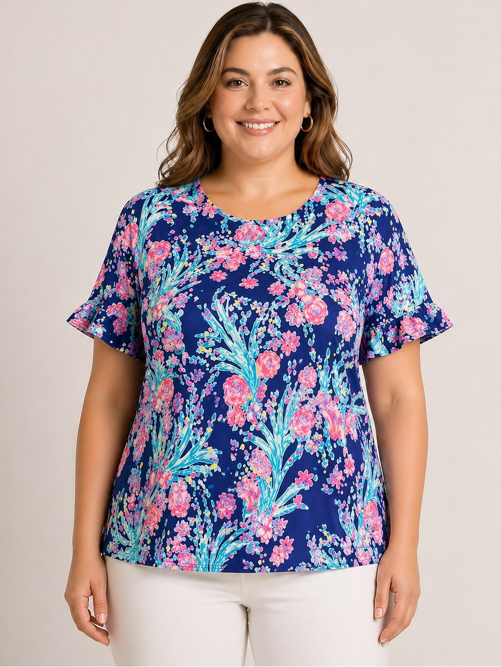 Lilly Pulitzer Darlah Top XL Corsica Blue Toucan Party Floral Ruffle Sleeve